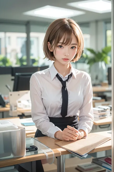 (1 person、solo), (Highest quality)、masterpiece、(8K, High resolution), High resolution, (Realistic)、The face is in focus、Symmetrical eyes、Beautiful Skin、Natural Makeup、Gloss Lip, High Resolution Hair、Japanese women、office lady、19 years old, Anatomically cor...