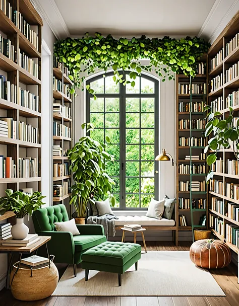A cozy reading corner decorated with lush plants. There is a comfortable armchair in the corner., A small side table with a stack of books, A large bookshelf filled with various literary works. Vines hang down from the ceiling, Potted plants are lined up o...