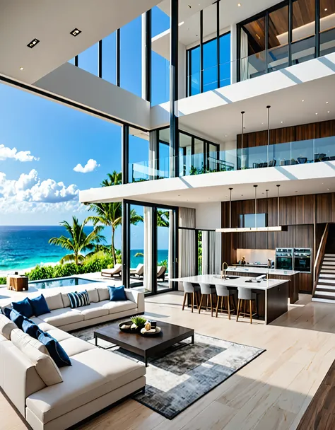 an elegant and spacious beachside retreat with a contemporary design. the living area includes expansive windows that offer stun...