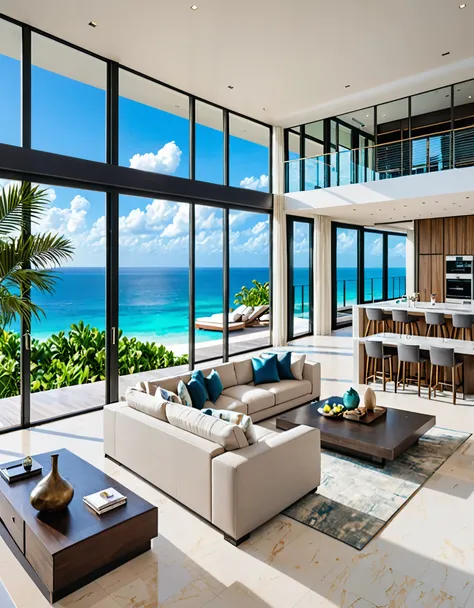 An elegant and spacious beachside retreat with a contemporary design. The living area includes expansive windows that offer stunning views of the sea, a comfortable lounging space around a built-in jacuzzi, and a sleek kitchen on an upper level accessed by...