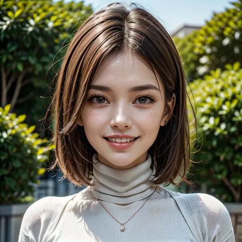 8K, RAW Photos, Highest quality, masterpiece, Realistic, Photorealistic, (1. The Ultimate Beauty), middle aged, Highly detailed face, Detailed eyes, Double eyelash, eyelash, Grin, Beautiful Teeth, Lip details, Brunette Bob, Big Breasts, (Long turtleneck sw...