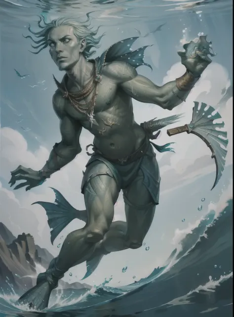 full body, swimming, fish man, merman, trident in hand, cloth clothes, green skin, fish bowl, throwing the spear, fundo branco, ...