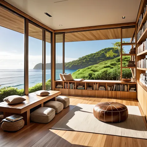 a peaceful reading corner designed to maximize ocean views and natural light. the space includes floor-to-ceiling windows with b...