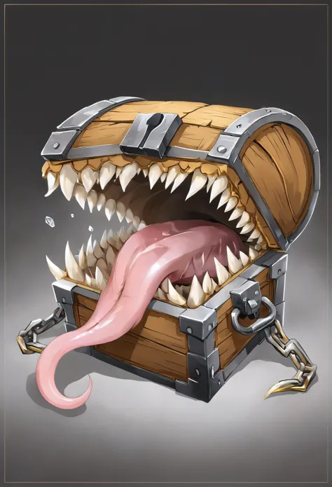 mimic treasure chest, upscale treasure box, detailed and realistic, sharp teeth, long tongue, wide open lid, open the lid of the...