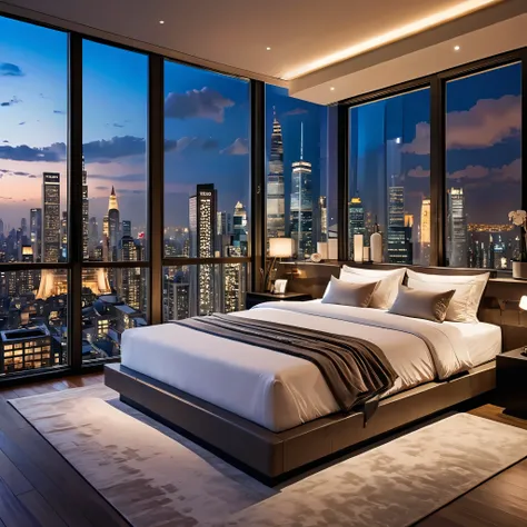 A luxurious bedroom with expansive windows providing a stunning cityscape view at dusk. The room features a plush bed adorned with soft pillows and blankets, positioned to face the floor-to-ceiling windows showcasing the illuminated buildings and the eveni...