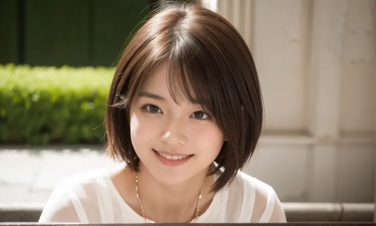 (Highest quality,masterpiece:1.3,Ultra-high resolution),(Very detailed,Caustics,8K),(Realistic:1.4,RAW shooting),25years old,,(Im looking at the camera with a smile on my face)Hair、Soft sunlight,Natural light、Solo Snap、short hair、Brown Hair、Streets at 7pm、