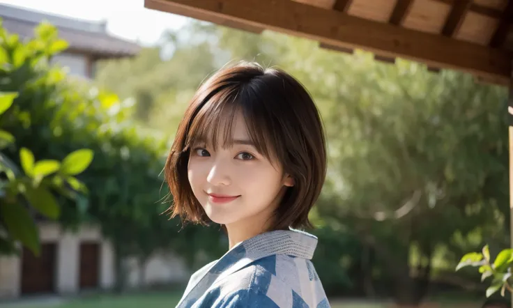(Highest quality,masterpiece:1.3,Ultra-high resolution),(Very detailed,Caustics,8K),(Realistic:1.4,RAW shooting),25years old,,(Im looking at the camera with a smile on my face)Hair、Soft sunlight,Natural light、Solo Snap、short hair、Brown Hair、yukata、firework