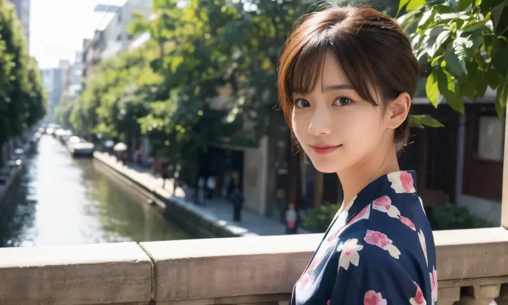 (Highest quality,masterpiece:1.3,Ultra-high resolution),(Very detailed,Caustics,8K),(Realistic:1.4,RAW shooting),25years old,,(Im looking at the camera with a smile on my face)Hair、Soft sunlight,Natural light、Solo Snap、short hair、Street Snap、Brown Hair、yuk...