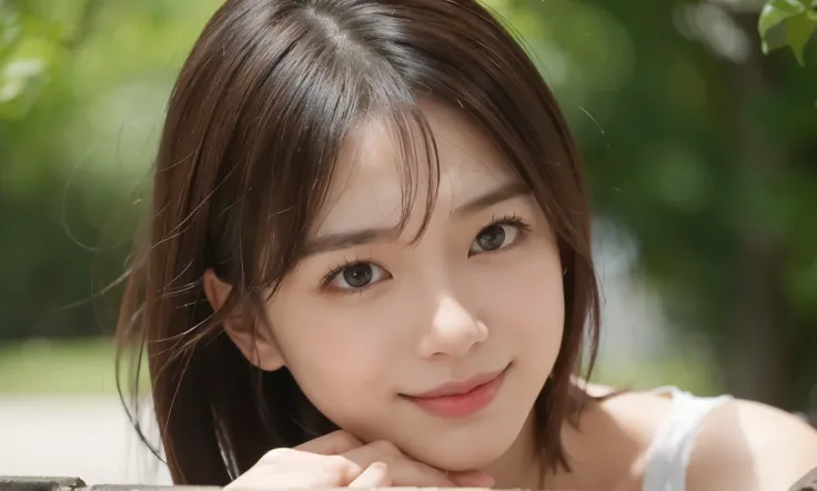 (Highest quality,masterpiece:1.3,Ultra-high resolution),(Very detailed,Caustics,8K),(Realistic:1.4,RAW shooting),25years old,,(Im looking at the camera with a smile on my face)Hair、Soft sunlight,Natural light、Solo Snap、short hair、Street Snap、Brown Hair、涼しそ...