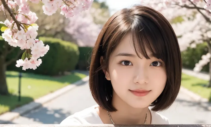 (Highest quality,masterpiece:1.3,Ultra-high resolution),(Very detailed,Caustics,8K),(Realistic:1.4,RAW shooting),25years old,,(Im looking at the camera with a smile on my face)Hair、Soft sunlight,Natural light、Solo Snap、short hair、Cherry blossom trees、shirt...