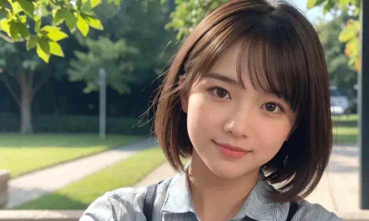 (Highest quality,masterpiece:1.3,Ultra-high resolution),(Very detailed,Caustics,8K),(Realistic:1.4,RAW shooting),25years old,,(Im looking at the camera with a smile on my face)Hair、Soft sunlight,Natural light、Solo Snap、short hair、Street Snap、shirt、Brown Ha...