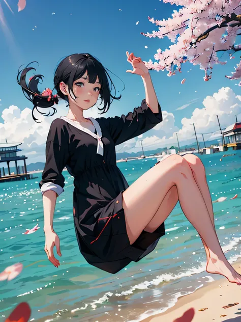 One girl,Black Hair, Floating Hair, Seaside,景color,landscape,cherry blossoms, Falling petals, Sunbeam,God&#39;s Rays,Upper Body,  color,dress,kimono