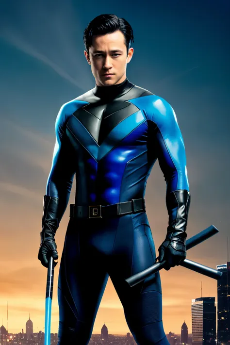 joseph gordon-levitt as nightwing, nightwing has very huge butt, extremely tight nightwing outfit with blue full nightwing logo,...