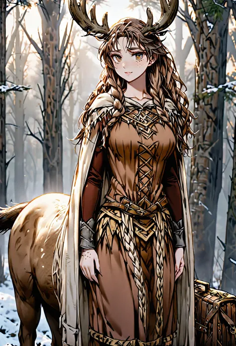 solo, female, sfw, medium shot, brown hair, long hair, wild hair, deer antlers, huge woman, brown eyes, cape, winter, forest, fr...