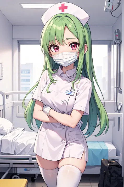 1woman, solo, nurse, white nurse cap, white nurse uniform, ((white legwear, zettai ryouiki)), white gloves, forehead, long hair, green hair, pink eyes, ((white surgical mask, covered nose)), standing, ((hospital room)), sharp outline, short sleeves, mature...