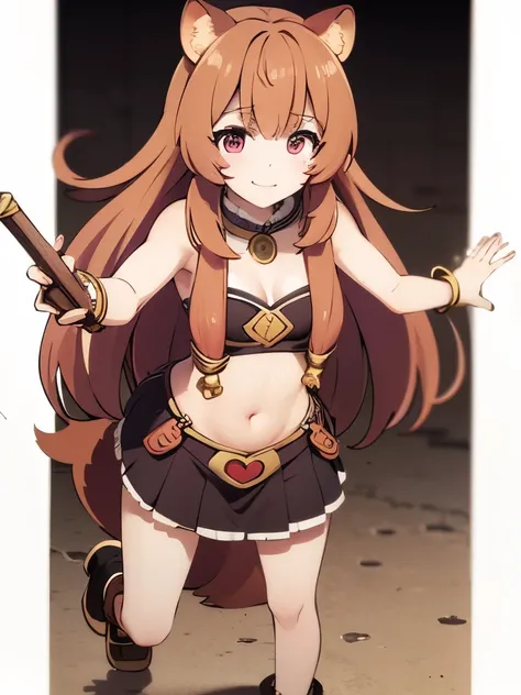 raphtalia, long hair, bangs, brown hair, animal ears, raccoon ears, raccoon tail, raccoon girl, pink eyes, smile mouth, face of happiness, full body 