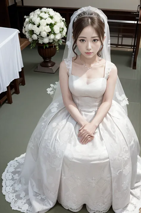 haruno sakura, ((alone)), alone, bride, wearing a white wedding dress, queen, happy, ((show your forehead)), are standing, enter...