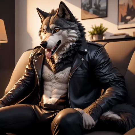 posing, male, 30 years old, happy, mouth open with tongue hanging out, black leather jacket, anthro, wolf ears, (black fur:1.5),...