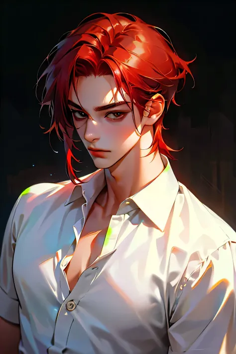 (absurdres, highres, ultra detailed, HDR), masterpiece, best quality, 1boy, solo, handsome, (((red hair))), finely eye and detailed face, forehead, ((loose white shirt)), look at viewer, ear piecing, красивые глаза, шедевр, хорошее качество, надменная улыб...