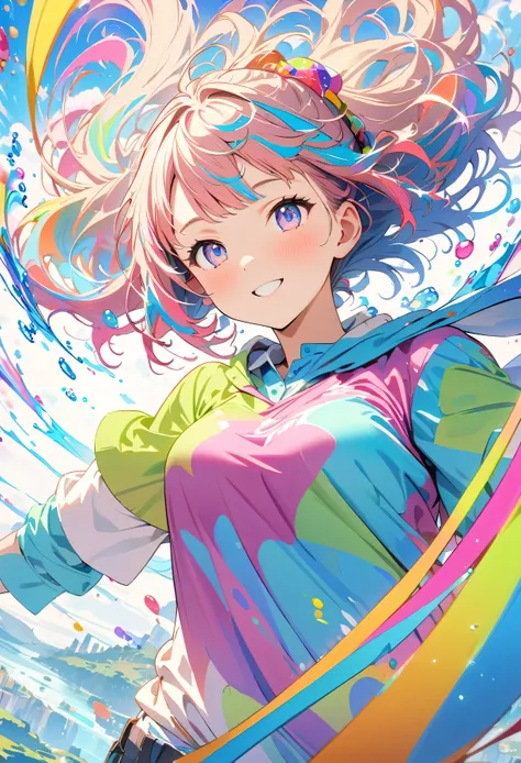 (masterpiece, Highest quality, Official Art:1.2), (colorful), Perfect Anatomy, Looking at the audience,One Girl, alone, White Background, floating colorful water, Ultra-fine illustrations, Highly Details, Dynamic Angle, Beautiful detailed, 8K, 壊す smiling a...