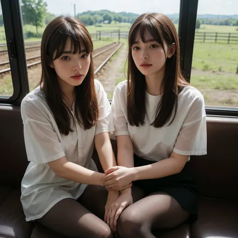 Identical twin sisters sitting cheek to cheek、22 years ago、RAW Photos、Browsing Caution、pantyhose、(bangs:1.2)、(Brown Hair:1.2)、(Dark brown eyes:1.2)、Faint lips、Cowboy Shot、Front view、 (freckles:0.2)、皮膚のmud、Acne、皮膚のmud、mud、Fluff、Acne、Bloodstain、impurities、 i...