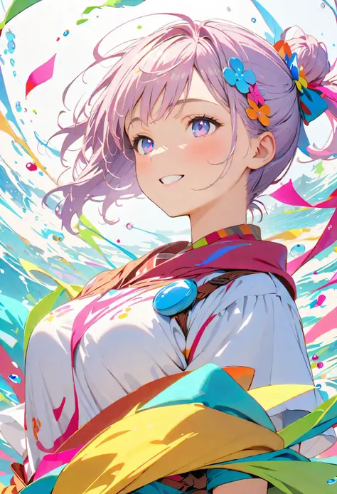 (masterpiece, Highest quality, Official Art:1.2), (colorful), Perfect Anatomy, Looking at the audience,One Girl, alone, White Background, floating colorful water, Ultra-fine illustrations, Highly Details, Dynamic Angle, Beautiful detailed, 8K, 壊す smiling a...