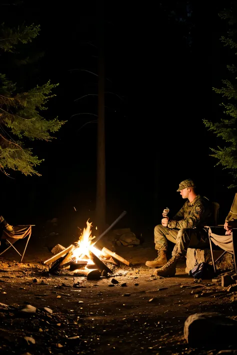 A 1024×576 px pixeleated image of 2 soldiers resting at a campfire in the dark next to a big pake and moutain and they are in the forest in there armor with weapons at there sides