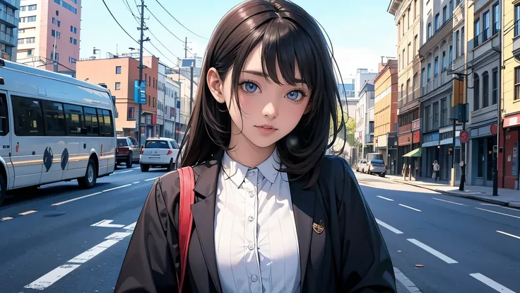 Ultra HD、super high quality、masterpiece、detailed、8K、The location is on a quiet city street、Schoolgirl１Person listening to music on headphones、15-year-old high school girl、そのロシア人で髪の毛は黒色のロング、Has blue eyes、Has a glamorous figure、The clothes she&#39;s wearing ...