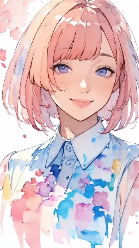 (masterpiece),(Highest quality:1.2),(Very detailed:1.2),(High resolution),(((Watercolor))),8K,Portrait of a woman smiling gently,Short Bob,((Transparent watercolor)),Shades,Bleeding,Blur