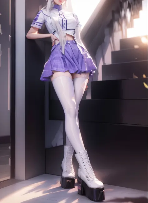 AVATAR SECOND LIFE garota coreana lilac blouse e overskirt colegial , asiática White hair, White hair, White hair, Perfect and detailed face, imvu, maximalist details, AVATAR SECOND LIFE Korean blouse and pants , neon, White hair, lilac blouse, overskirt c...