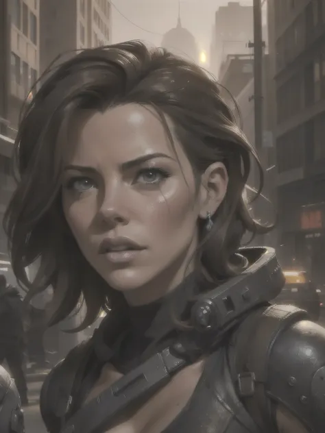 Hyperrealistic close-up photo of Kate Beckinsale, work of art, best qualityer, (photorrealistic:1.4),  Create dystopian work of arts. Depict the cityscape in the gritty style of the game&#39;s concept art. This work should evoke a feeling of abandonment an...