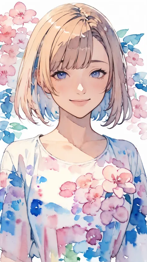 (masterpiece),(Highest quality:1.2),(Very detailed:1.2),(High resolution),(((Watercolor))),8K,Portrait of a woman smiling gently,Short Bob,Transparent watercolor,Imagine spring