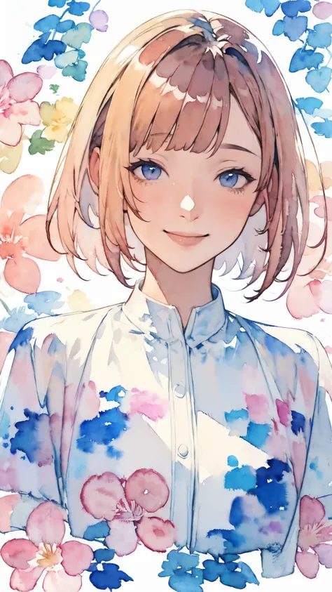 (masterpiece),(Highest quality:1.2),(Very detailed:1.2),(High resolution),(((Watercolor))),8K,Portrait of a woman smiling gently,Short Bob,Transparent watercolor,Summer image