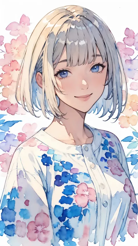 (masterpiece),(Highest quality:1.2),(Very detailed:1.2),(High resolution),(((Watercolor))),8K,Portrait of a woman smiling gently,Short Bob,Transparent watercolor,Summer image