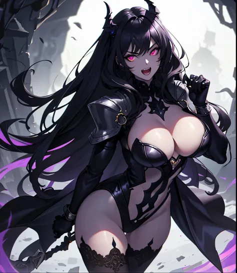 19 years old, large breasts, triple D cup breasts, sexy, horny, round buttocks, bubbly buttocks, fit and strong, slender body, night hunter, glowing violet eyes, night, sharp teeth, open mouth, mischivous smile, scary, thigh highs,hard lighting, best quali...