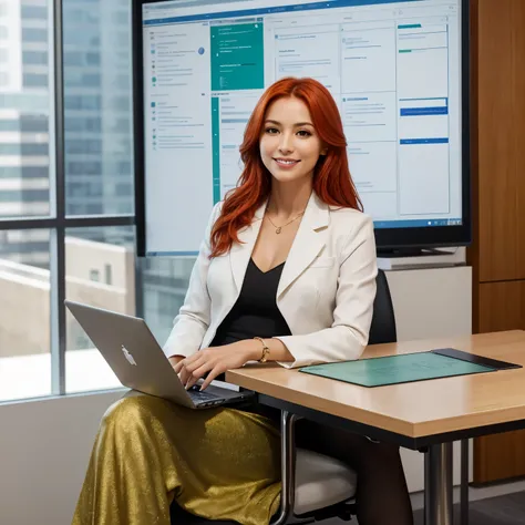 Create an image of a woman representing the "Inspirational Visionary", CEO of Chart UP!. The specifications that the image must include are: Physical Characteristics: Tall woman, European standard, with an imposing stature. Vibrant orange red hair, light b...