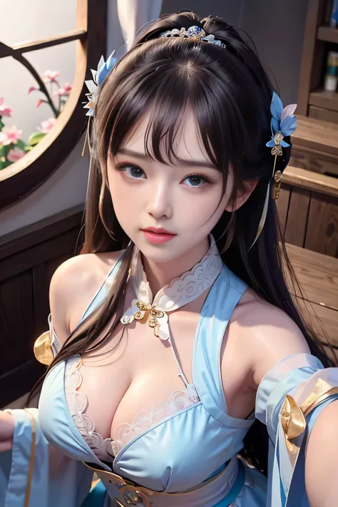 a princess 8 yeald old cute Hanfu  dynasty open V-chested clothes royal, All pictures, Wet body of thin silk fabric, Thin silk lace petticoat,princess 8 yeald old cute, (huge ，cleavage),petticoat, white pink, blue ，best qualtiy，tmasterpiece，Ultra-high reso...