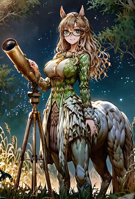 solo, female, sfw, medium shot, long wavy hair, brown hair, dark green eyes, centaur girl, huge woman, ((centaur)), brown horse ...