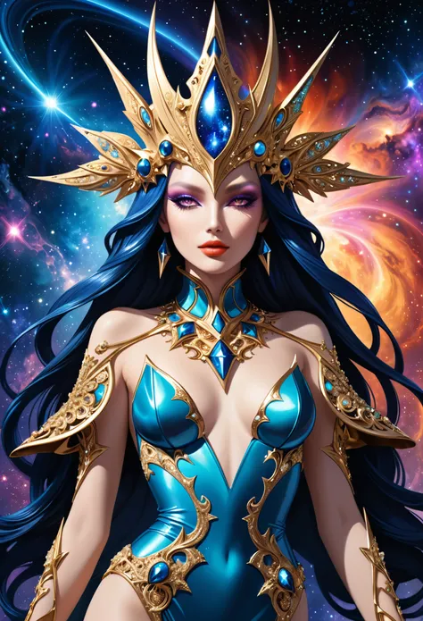 in style of Thierry Mugler，character concept design, half body，Mythical wizard girl，Celluloid style，galaxy，Fractal，Halo，Fantasy art,(insanely detailed and intricate, Hypermaximalist, elegant, ornate, hyper realistic, super detailed:1.1)