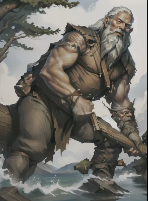 gigant ass, white bearded, holding a log, long beard, older, bebado, vikinlk clothes, long hair