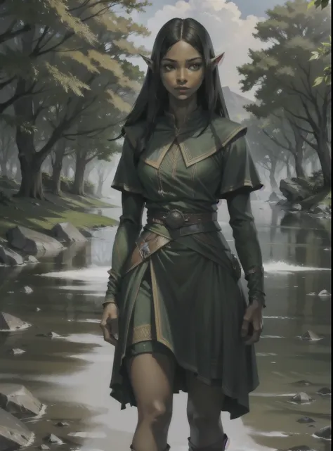 an elf of african descent wearing clothes made of tree leaves, black hair, forst