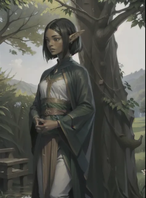 an elf of African descent wearing clothes made of tree leaves, black hair, forst, com fundo de forst