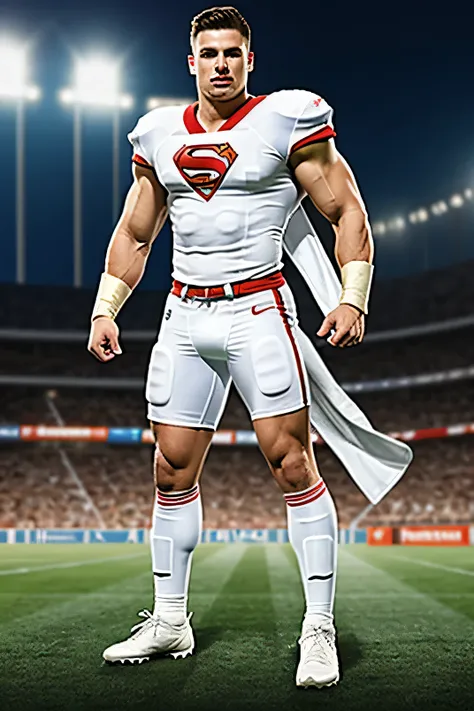 Create an epic superhero muscular epic white costume in football game 
