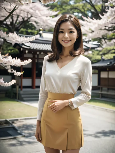 skirt,70s female,Retro Photography, 1960s , AGFA, Kodak, One girl, Lookwg_w_Audience, smile, Japan, Tokyo, Cherry Blossom, Octane Renderwg, 一人w, Very skwny,V-neck suit,A neat image,Mature Woman