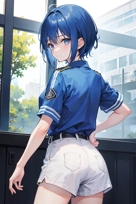 1girl, short blue hair, police shirt, tomboy, shorts, backview,
