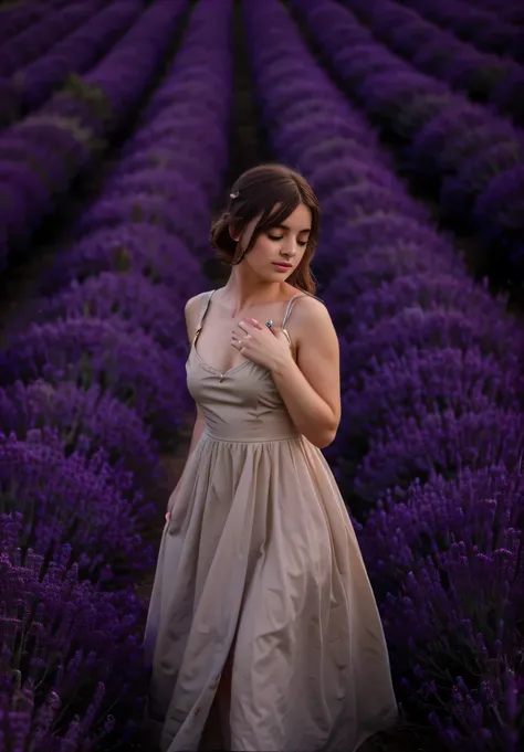 A girl with a beautiful manicure looks down. fluffy dress. lavender field. summer photo.