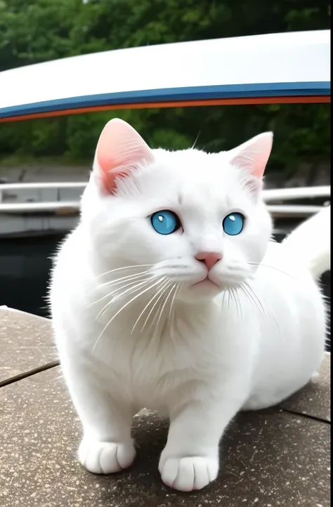 there is a white cat that is riding on a boat, a picture by Niko Henrichon, reddit, happening, cute otter, the cutest creature of the world, the cutest creature in the world, adorable appearance!!!, !! looking at the camera!!, cute and adorable, adorable a...