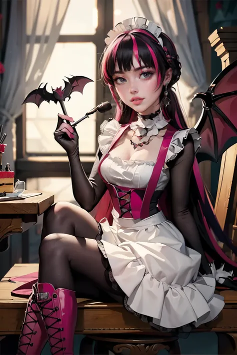 1 girl, a girl with bat wings, holding a pastry brush, succubus, bakery, a cake on focus, cake with strawberrys and red roses, bat choker, necklace, centered, bat jewelry, medieval castle scenery, Pink bat Jewelry, smile, vampire fangs, (looking at viewer)...