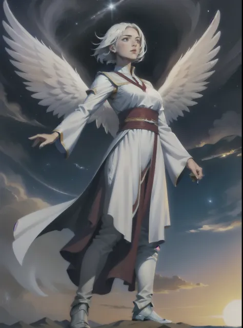 an angel with white clothes and wine hair, flying, medieval clothes, angel clothes, and flying through the heavens, without show...