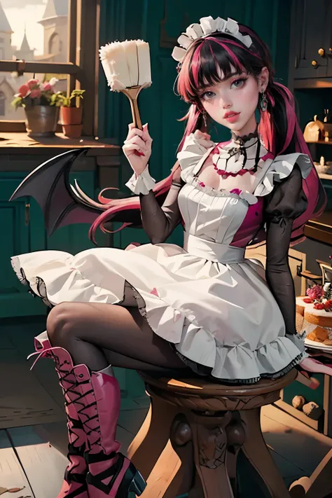 1 girl, a girl with bat wings, holding a pastry brush, succubus, bakery, a cake on focus, cake with strawberrys and red roses, bat choker, necklace, centered, bat jewelry, medieval castle scenery, Pink bat Jewelry, smile, vampire fangs, (looking at viewer)...